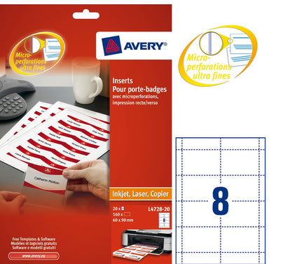 Avery L4728-20 Printable Name Badge Insert Refills (90 x 60 mm Inserts, Pack of 160) - White