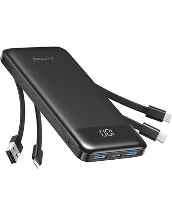 Charmast Power Bank with Built in Cable, 10000mAh USB C Battery pack 6 Outputs 2 Inputs with LED Display Type C Powerbank Portable Charger Compatible with Smartphones Tablets and More(Black)