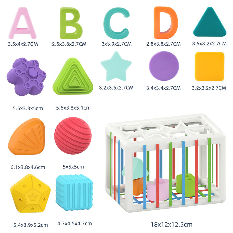 AM ANNA Baby Shape Sorting Toy, Sensory Sorting Bin with Elastic Bands, Colorful Cube with 14PCS Sensory Shape Blocks,Sorter Sorting Brain Toys for Ages 12 Months+ (15Pcs Baby Shape Sorting Toy)