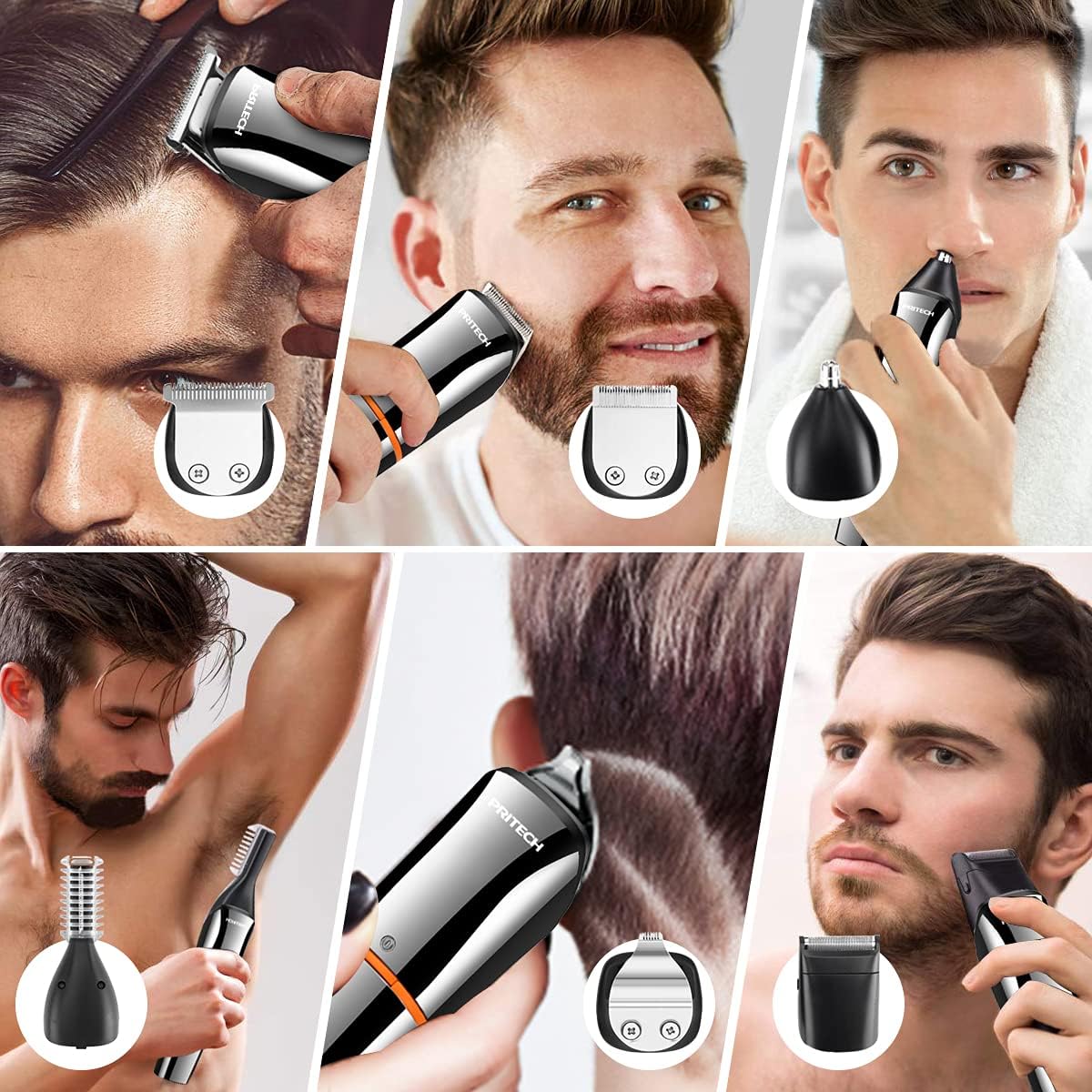 Hair Trimmers,Beard Trimmer,6 in 1 Kit Electric Cordless Nose Trimmer Mens Grooming Trimmer for Beard Head Face and Body Waterproof IPX7 USB Rechargeable LED Power Display by Pritech