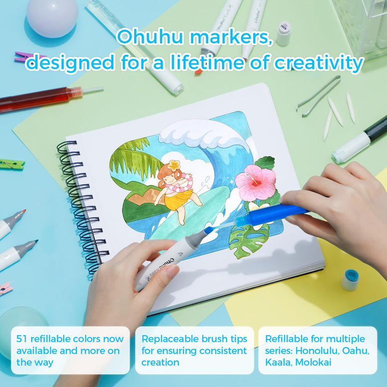 Ohuhu Alcohol Markers, Double Tipped Art Markers for Kids, Adults Coloring Illustrations, Alcohol-based Ink, 40 Unique Colors + 1 Blender + 1 Marker Case, Chisel & Fine, Oahu Series of Ohuhu Markers