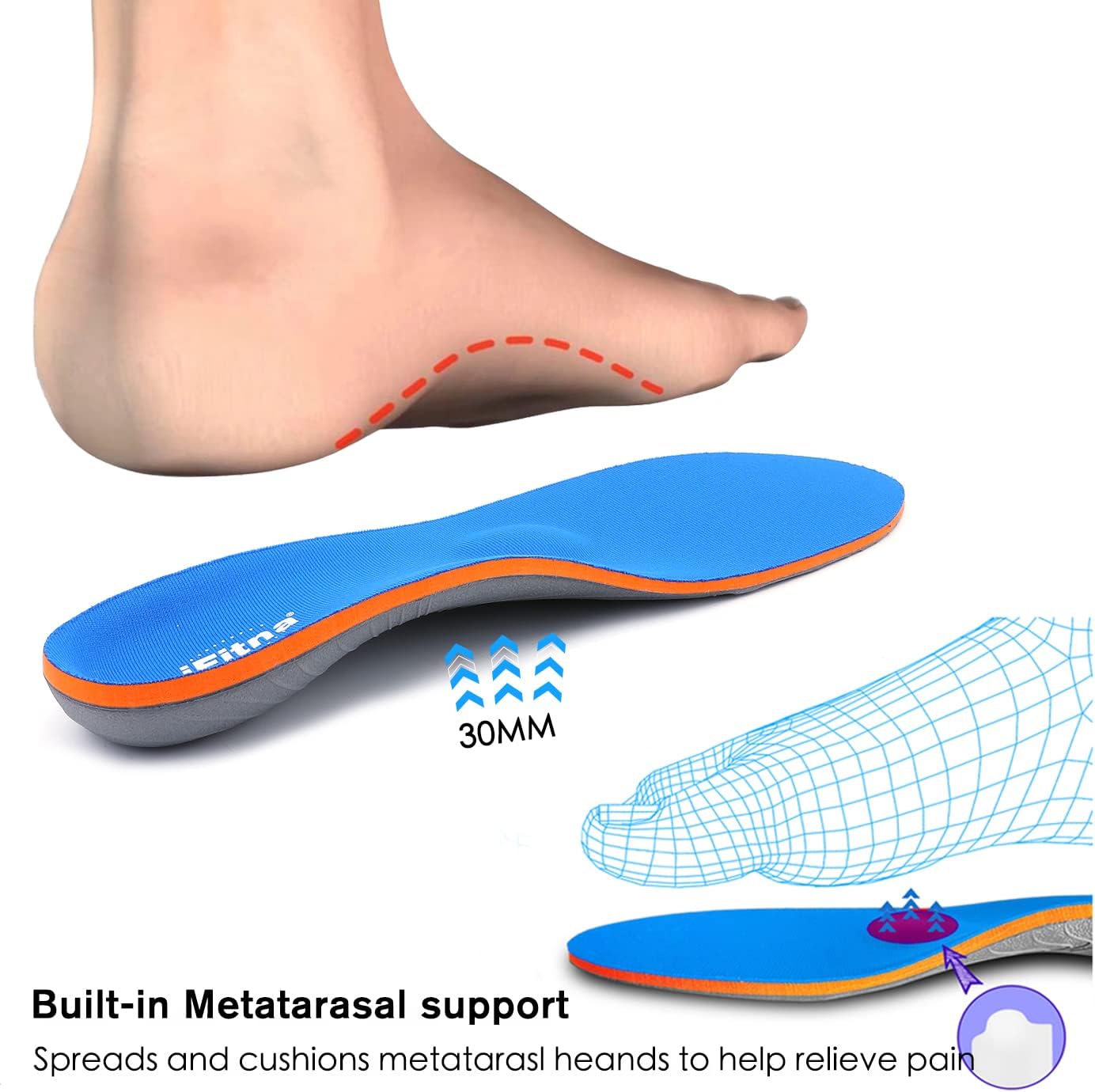 Full Length Metatarsal Arch Support Shock Absorption Orthotic Unisex Insoles for Flat Feet,Plantar Fasciitis,Relieve Foot Soreness,Suitable Athletic,Work Shoes(Size:UK-6,Length:9.87",Blue)