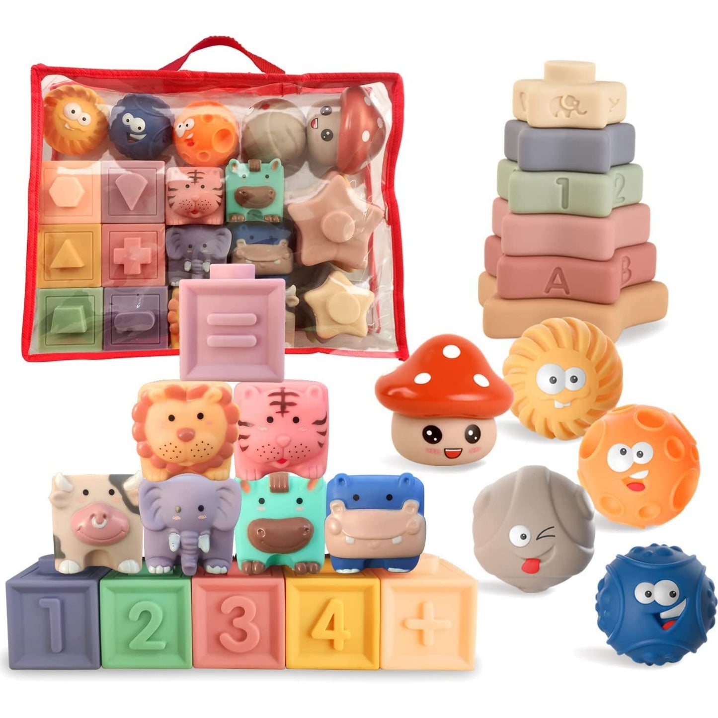 AM ANNA 23pcs Baby Toys 6-12 Months, Montessori Toys for 1 Year Old, Stacking Building Blocks for Toddlers 1-3, Soft Baby Toy for Infant 0-6 Months, Sensory Ball for 0-3-6-9-12 Months