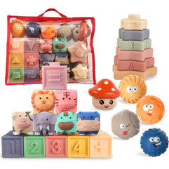 AM ANNA 23pcs Baby Toys 6-12 Months, Montessori Toys for 1 Year Old, Stacking Building Blocks for Toddlers 1-3, Soft Baby Toy for Infant 0-6 Months, Sensory Ball for 0-3-6-9-12 Months