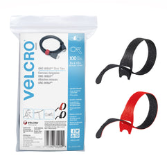 Velcro Brand Cable Ties, 100Pk - 8 X 1/2" Red And Black, REUsable Alternative To Zip Ties, One-Wrap Thin Pre-Cut Cord Organization Straps, Wire Management For Office Or Home, Vel-30200-Ams, Black/Red