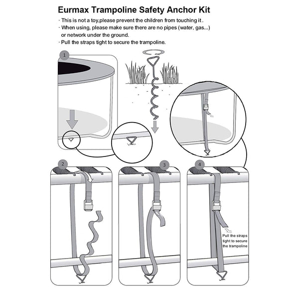 Eurmax USA Trampoline Stakes Heavy Duty Trampoline Parts Corkscrew Shape Steel Stakes Anchor Kit with T Hook for Trampolines -Set of 4 Bonus 4 Strong Belt