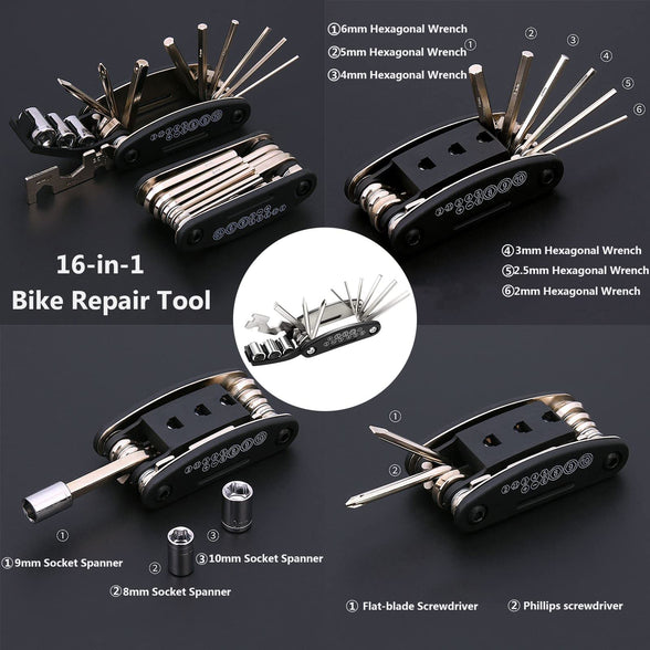 Bike Tool Kit Bike Puncture Repair Kit, 16 in 1 Bike Multifunction Tool Mountain Bike Accessories with Patch Kit and Tire Levers for Mountain Bike and Road Bike
