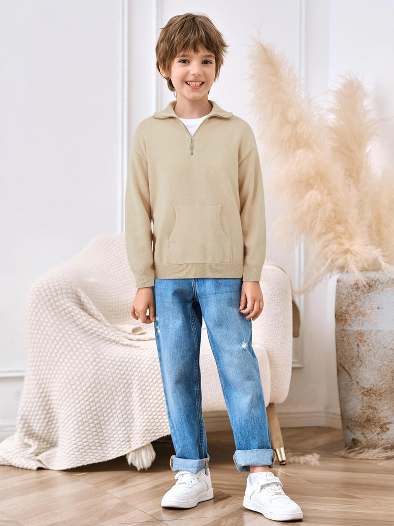 Boys Knitted Pullover Sweater Kids Fashion Half Zip Kangaroo Pocket Sweatshirt 3-12 Years
