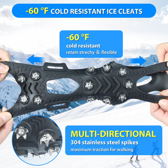 SYOURSELF Ice Cleats, Crampons Ice Cleats for Shoes and Boots Women Men Kids, Non Slip Grippers Spikes for Shoes with Straps, Ice Traction Cleats for Snow and Ice, Hiking, Walking, Fishing, Climbing