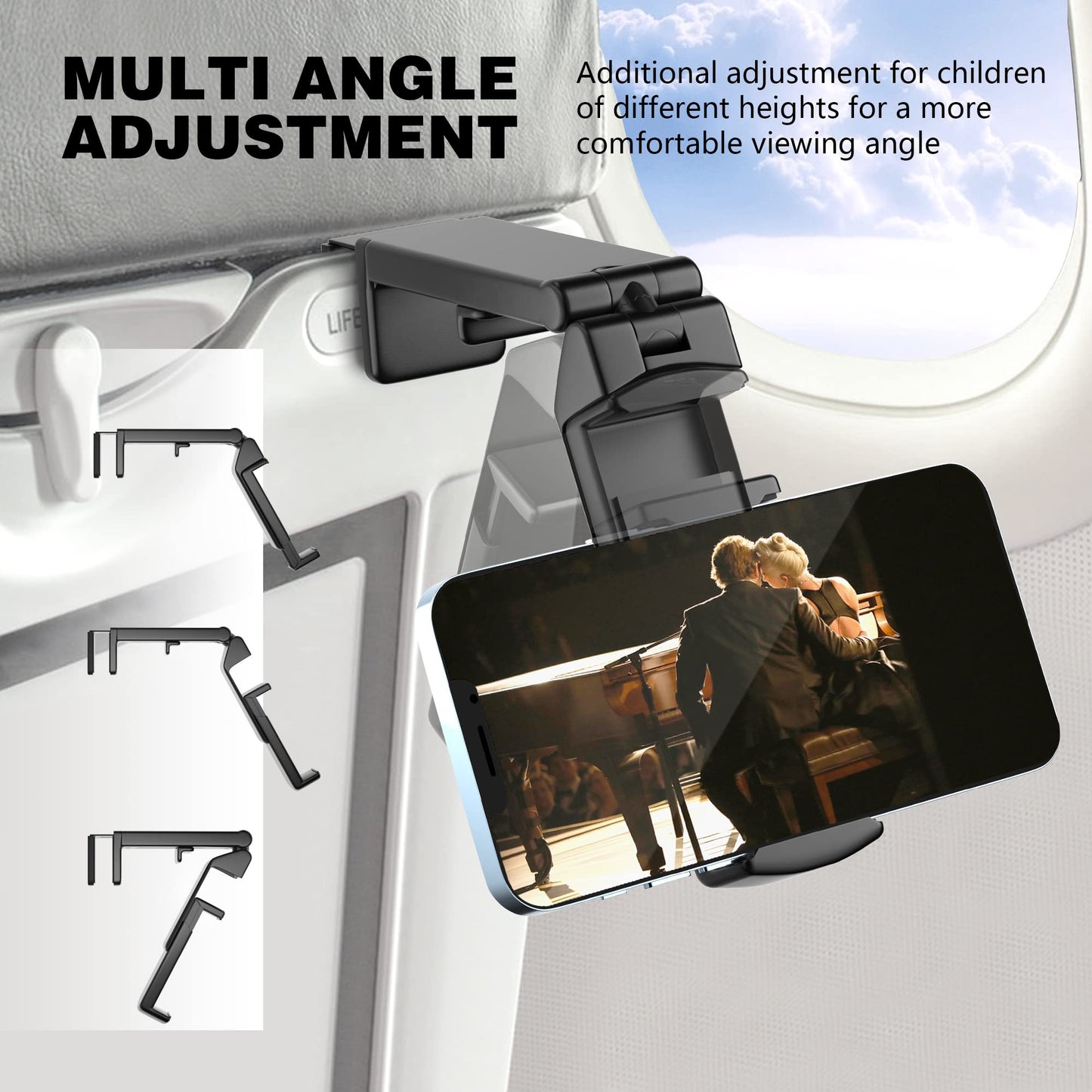 Universal Airplane in Flight Phone Mount. Handsfree Phone Holder for Desk with Multi-Directional Dual 360 Degree Rotation. Pocket Size Travel Essential Accessory for Flying. US Patented and Protected.