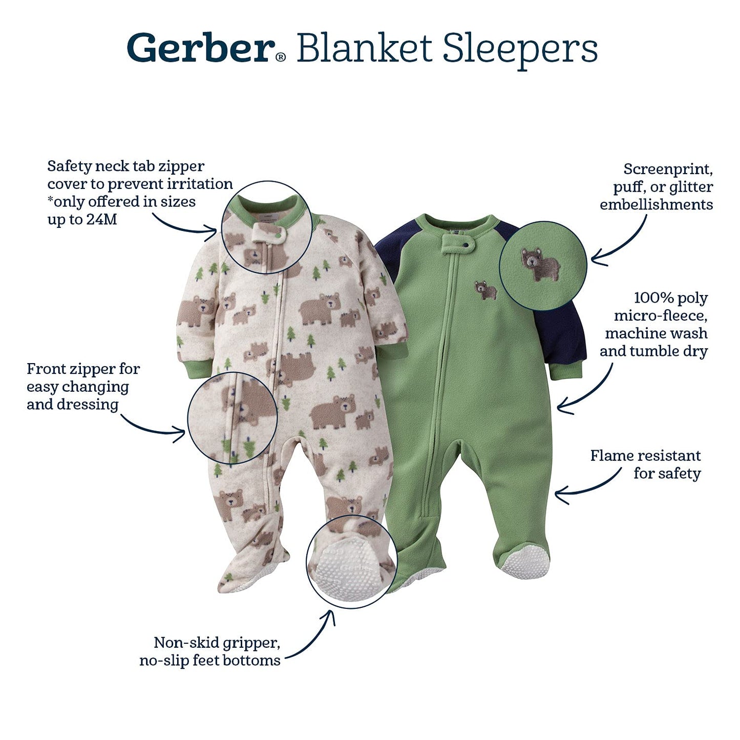 Gerber Baby Girls' Toddler Loose Fit Flame Resistant Fleece Footed Pajamas 2-Pack(6-9M)
