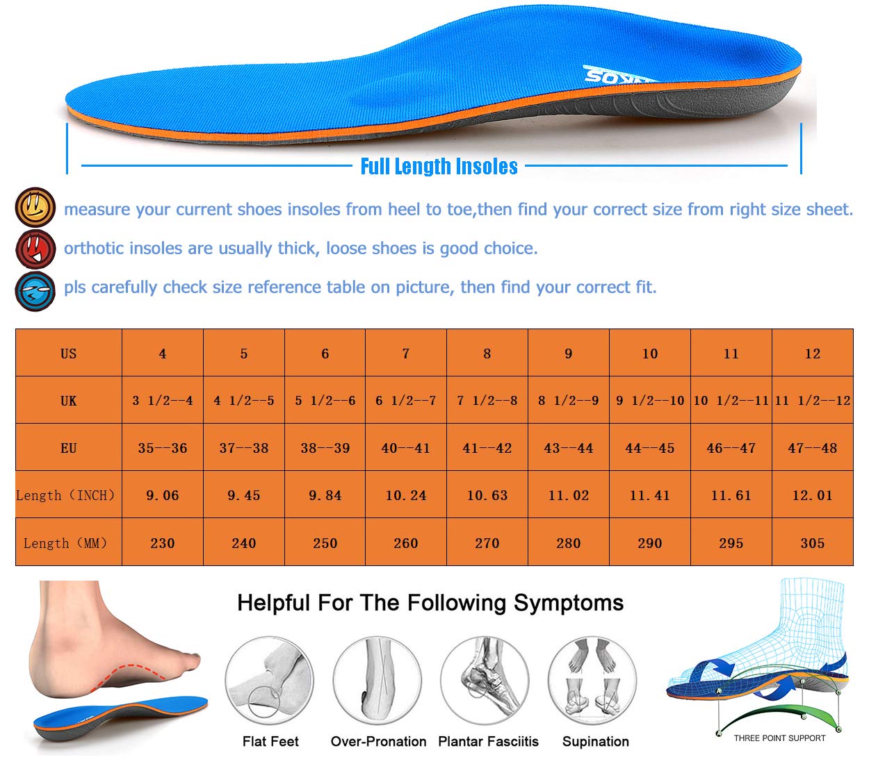 Full Length Metatarsal Arch Support Shock Absorption Orthotic Unisex Insoles for Flat Feet,Plantar Fasciitis,Relieve Foot Soreness,Suitable Athletic,Work Shoes(Size:UK-6,Length:9.87",Blue)