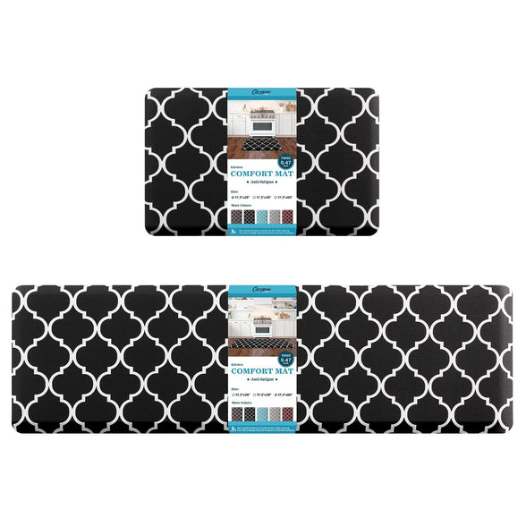 Carvapet 2 Pieces Kitchen Mat Set Cushioned Anti-Fatigue Comfort Floor Mat Waterproof Non-Slip Runner Rug PVC Foam Standing Mat for Kitchen Laundry Moroccan Trellis, Black,17.3"x28"+17.3"x60"