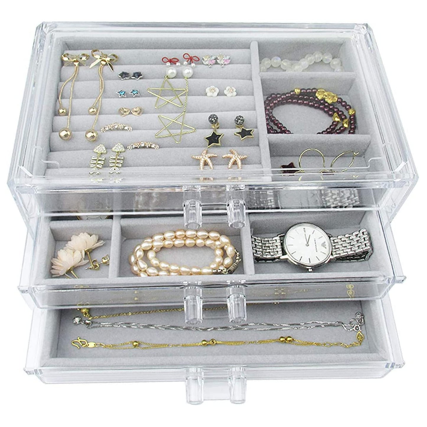 Acrylic Jewelry Box Organizer with 3 Drawers,Jewelry Organizer Velvet Jewelry Box Clear Jewelry Display Case for Women Earring Rings Bangle Bracelet and Necklace Holder Storage