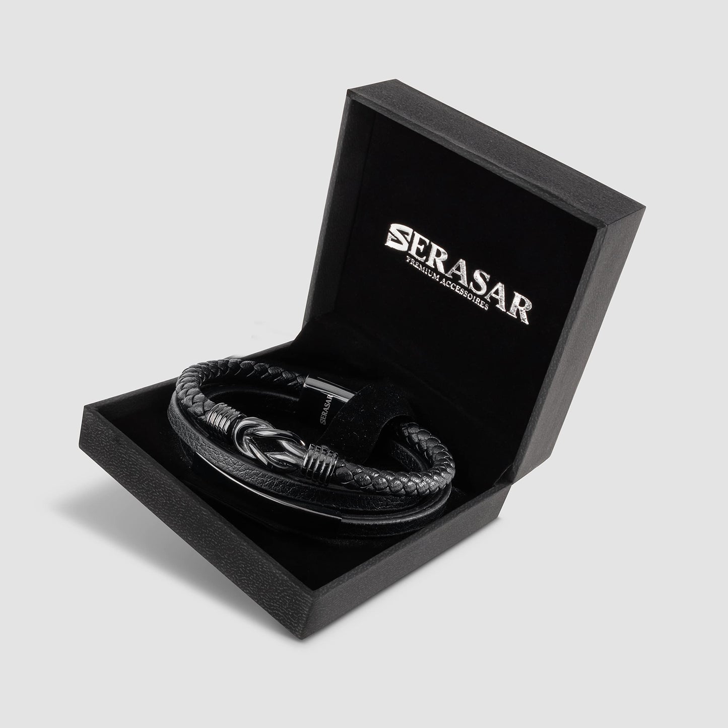 SERASAR | Premium Bracelet [Proud] for Men in Genuine Black Leather | Magnetic Stainless Steel Clasp in Black, Silver and Gold | Exclusive Jewellery Box | Great Gift Idea