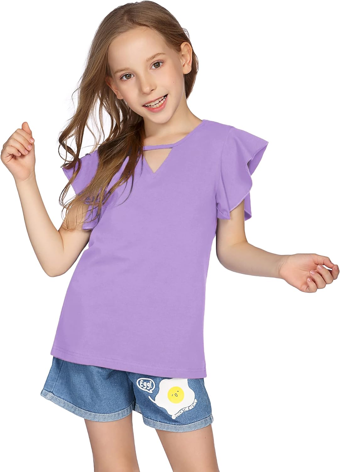 Greatchy Girls Shirts Short Sleeve Tee Ruffle Solid Summer Keyhole Neck Cotton Blouse Tops