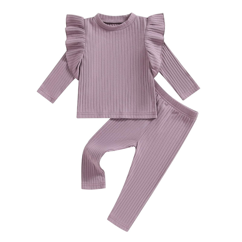 KtwHarnu Baby Girl Fall Clothes Solid Color Ribbed Ruffle Long Sleeve T-Shirt Tops Elastic Waist Pants Set 2Pcs Casual Outfit 3-6 Months