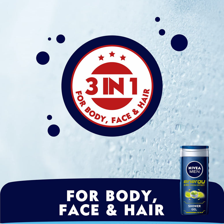 NIVEA MEN 3in1 Shower Gel Body Wash, Energy 24h Fresh Masculine Scent, 250ml