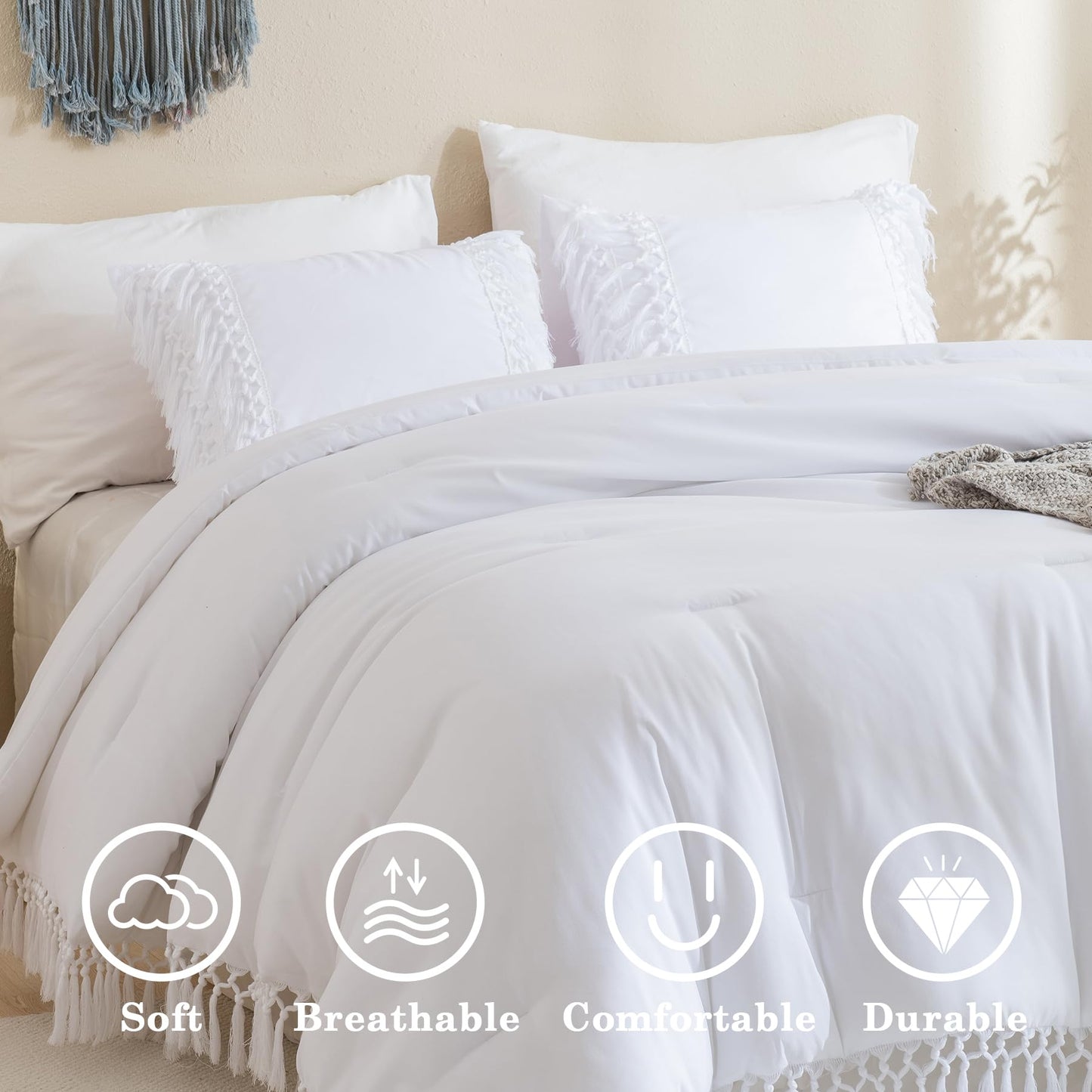 Andency White Comforter Set California King, 3 Pieces Boho Tassel Lightweight Summer Soft Bedding Comforter Sets for King Bed, All Season Fluffy Fringe Bed Set (104x96In Comforter & 2 Pillowcases)