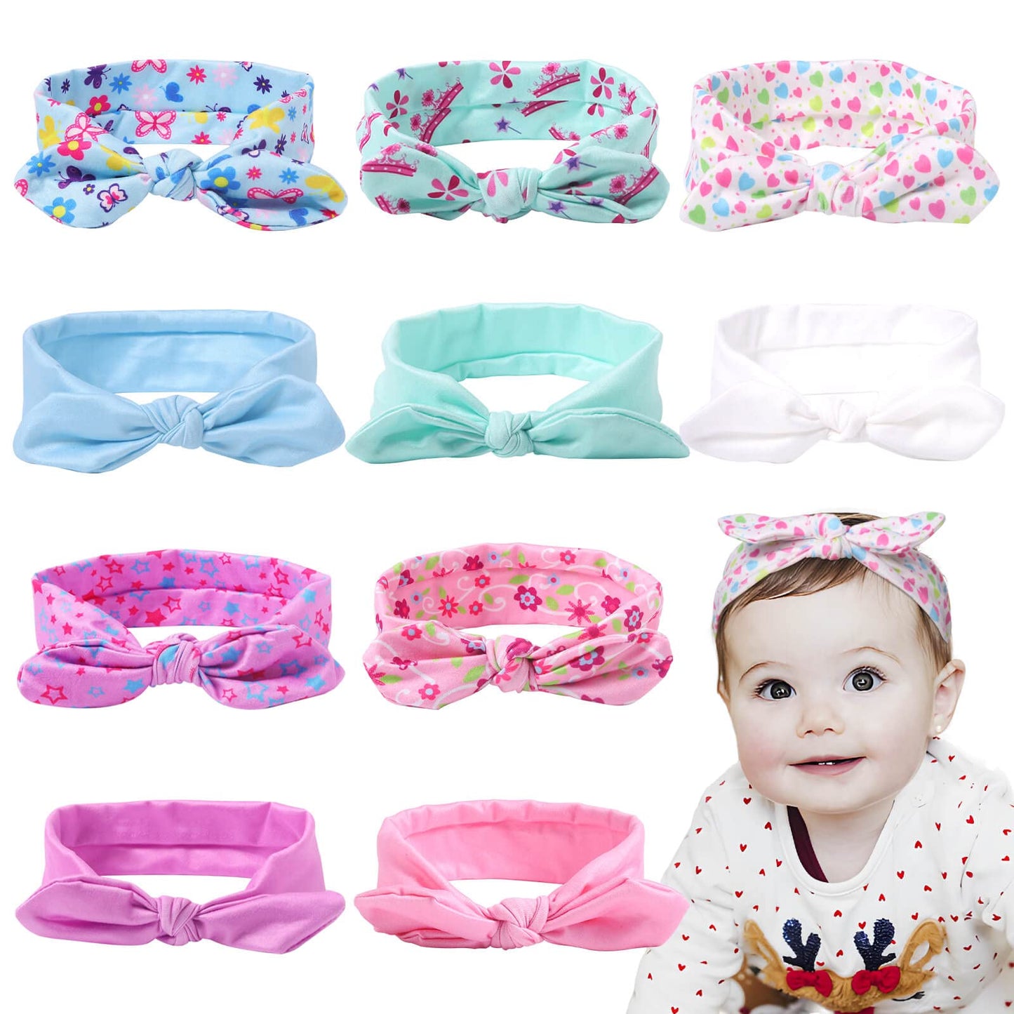Rhoxshy 10 Pack Baby Girls Nylon Headbands Infants Hair Bows Hair Band Elastics Hair Accessories for Newborn Toddlers Kids