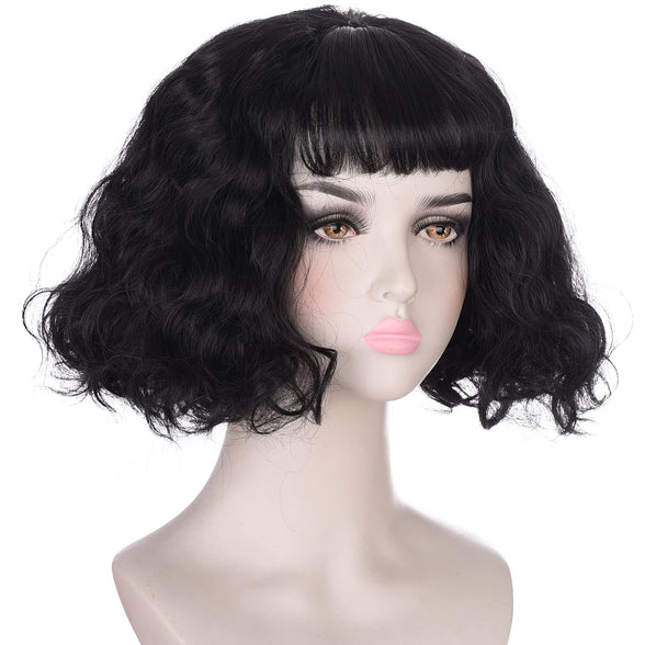 Lydia Deetz Cosplay Wig for Women Girls Short Black Bob Wig with Bangs Synthetic Hair Wavy Wigs for Womens Costume Halloween Party