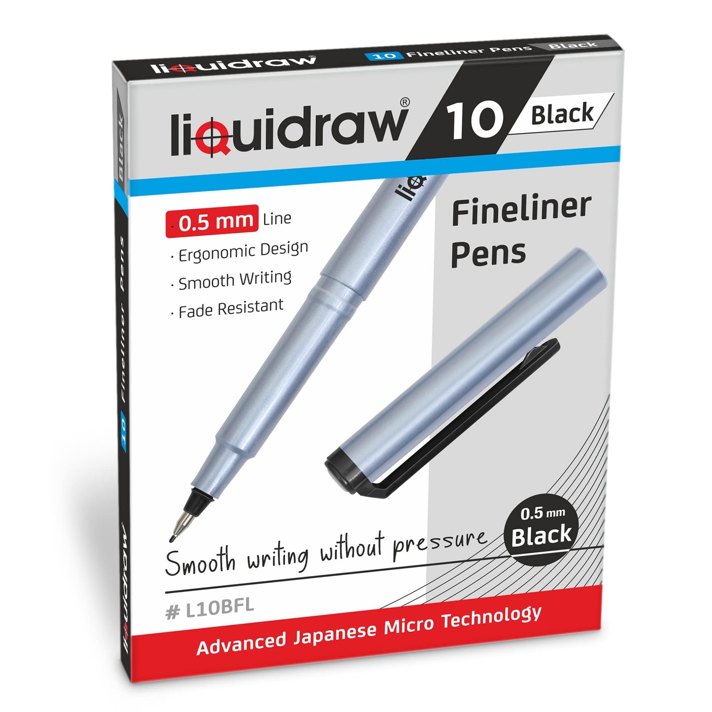 Liquidraw 10 Black Fineliner Pens Set Fine Point Pens 0.5mm Fineliners Black Coloured Pens For Artists, Architects, Technical Drawing, Handwriting, Calligraphy, Sketching, & Illustrations