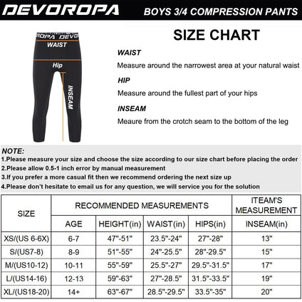 Devoropa Youth Boys Compression Pants 3/4 Length Sports Tights Leggings Soccer Basketball Base Layer Gray Small