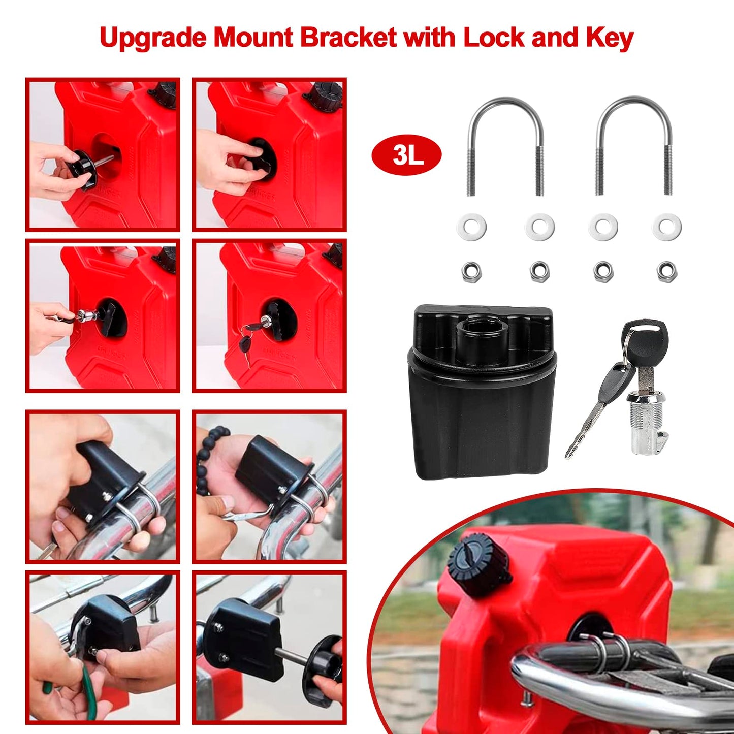 0.8 Gallon Red Gas Can with Lock & Key, 3L Fuel Oil Petrol Storage Cans Emergency Backup Tank with Mounting Bracket for Car Motorcycle UTV SUV ATV Off Road