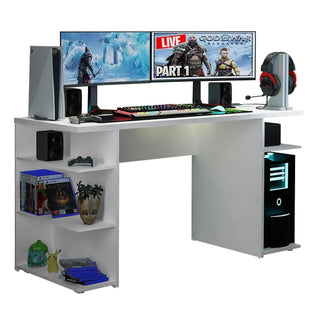 MADESA Gaming Computer Desk and Office Table with 5 Shelves and Cable Management, Wood, 136 W x 75 H x 60 D Cm (White)