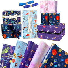 5 Sheets Outer Space Wrapping Paper, Birthday Wrapping Paper for Boys Girls, Recyclable Gift Wrapping Paper Set with Ribbon, for Birthday Party Holiday Decoration DIY Crafts Supplies, 28 x 20Inch