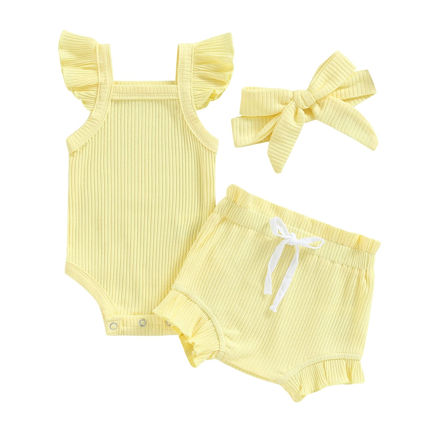 Infant Baby Girl Clothes Summer Ribbed Knitted Fly Sleeve Rompers Ruffles Shorts Headwear Outfits Newborn Clothing(3-6 M )