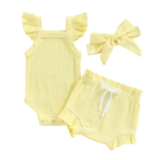 Infant Baby Girl Clothes Summer Ribbed Knitted Fly Sleeve Rompers Ruffles Shorts Headwear Outfits Newborn Clothing(3-6 M )