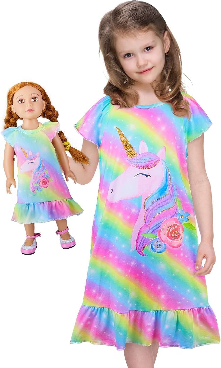 ICOSY Matching Girls & Doll Nightgowns Clothes Unicorn Pajamas Sleepwear Outfit for Girls and American 18" Girl Doll