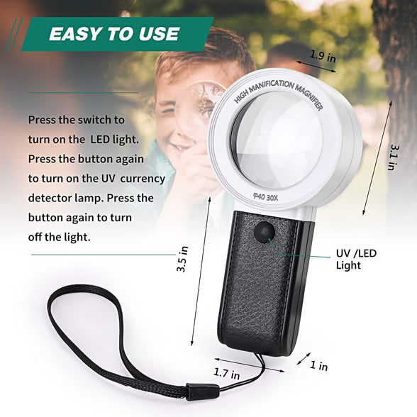 Magnifying Glass with 4 Led Light, 30x Double Glass Lens Handheld Illuminated Magnifier, Reading Magnifying Glass with for Seniors Read, Coins, Stamps, Map, Inspection