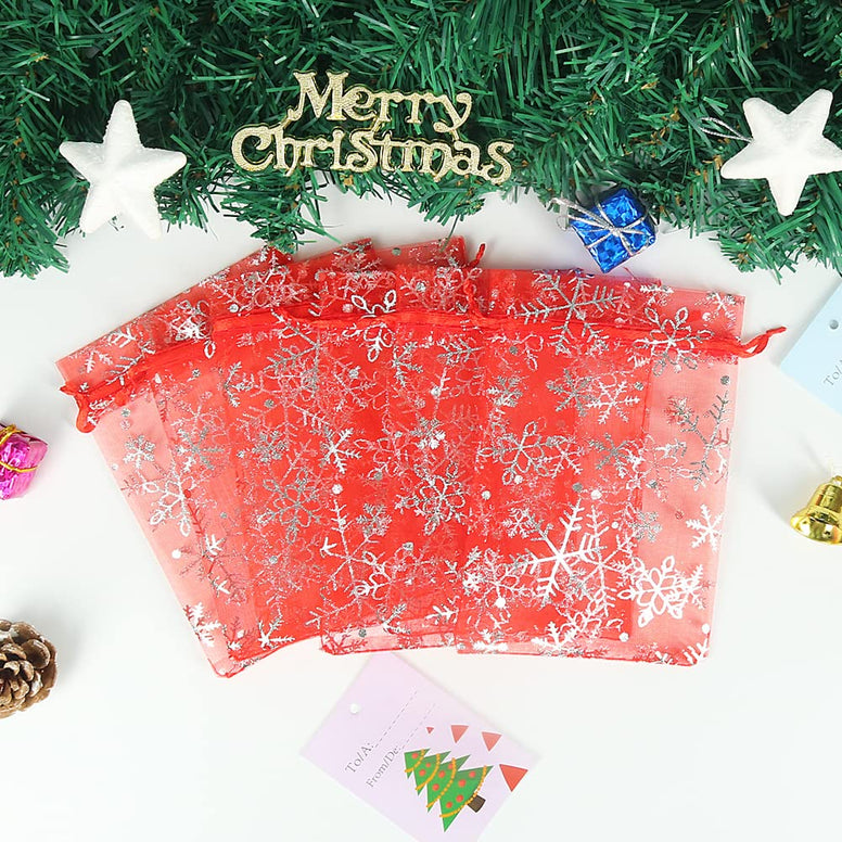 HRX Package 100pcs Snowflake Organza Bags, 10x15cm Christmas Red Drawstring Mesh Gift Pouches for Jewellery Candy Wedding Party Favors