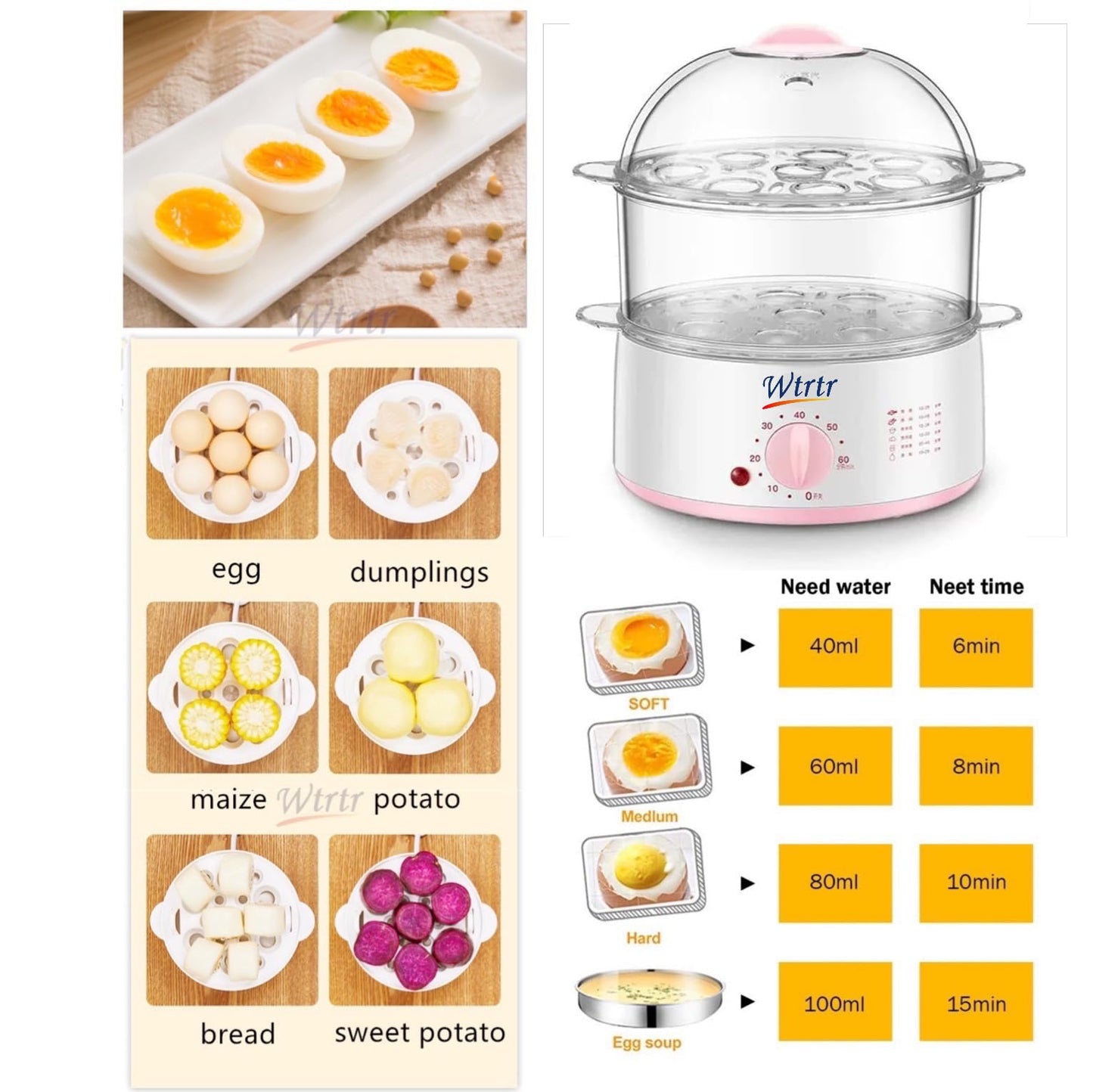 Wtrtr Timed Large Capacity Egg Boiler， 8 or 16 Egg Cooker，Egg Steamer Maker，Multi Function Breakfast Machine ，