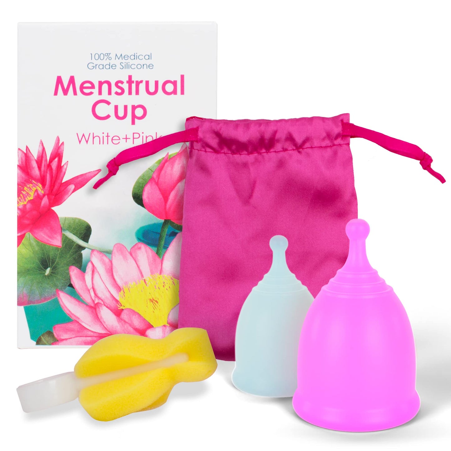 AMZ Silicone Menstrual Cup S/L, Pack of 2 Period Cups for Women Heavy Flow, Normal Flow, Pink and Transparent Period Cup Reusable + Storage Bag and Brush, Leak Proof Small Menstrual Cup for Beginners