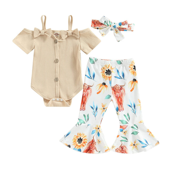 Newborn Infant Baby Girl 3Pcs Summer Outfit Short Sleeve Button Down Romper Flared Pants Headband Clothes Set 0-3 Months