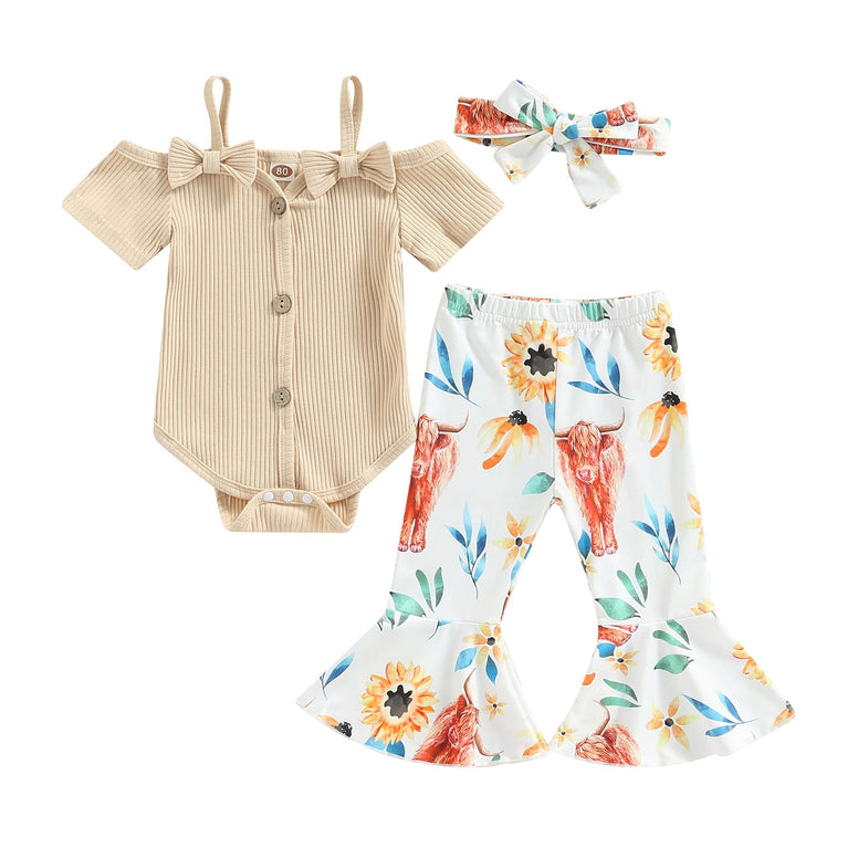 Newborn Infant Baby Girl 3Pcs Summer Outfit Short Sleeve Button Down Romper Flared Pants Headband Clothes Set 0-3 Months