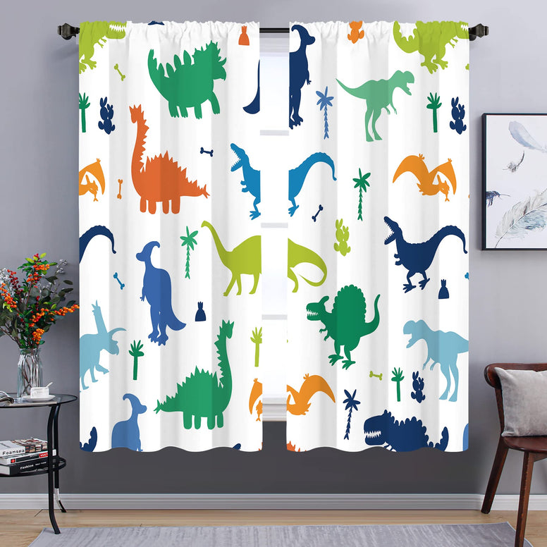 Miyotaa Dinosaur Dino Boys Window Curtains 2 Panels 42W x 63H Rod Pocket Kids Nursery Cute Cartoon Child Animal Colorful Polyester Window Drapery Treatment for Bedroom Living Room