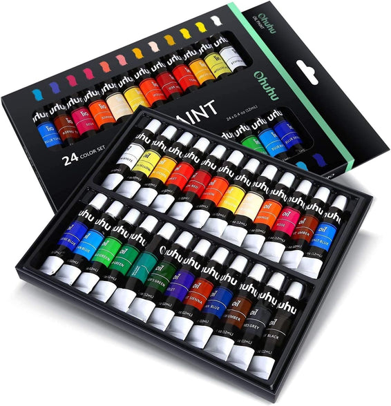 Ohuhu Oil Paint Set, 24 Oil-Based Colors, 12ml/0.42oz x 24 Tubes Non-Toxic Oil Painting Set Supplies for Canvas Painting Artist Kids Beginners Adults Classroom Great Art Supplies Gifts Ideal