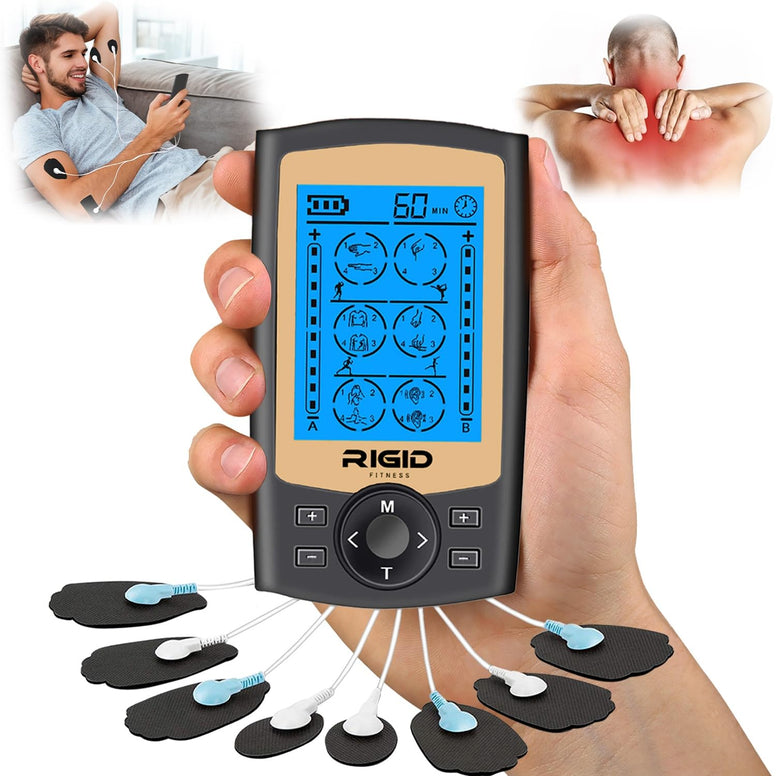 RIGID FITNESS TENS EMS Muscle Stimulator with 24 Massage Modes - Pain Relief Massager, Nerve & Muscle Activation - Includes 10 Electrode Pads & Carry Bag - for Better Blood Flow, Relaxation & Recovery