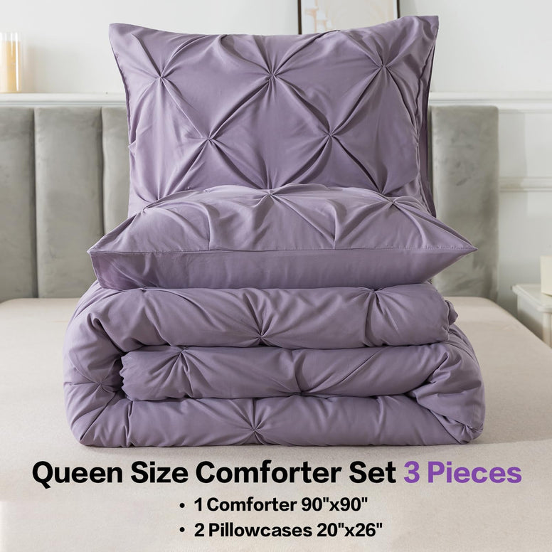 Andency Grayish Purple Pinch Pleated Comforter Queen(90x90Inch), 3 Pieces Pintuck Soft Microfiber Down Alternative Lightweight Comforter Bedding Set(1 Pintuck Comforter and 2 Pillowcases)