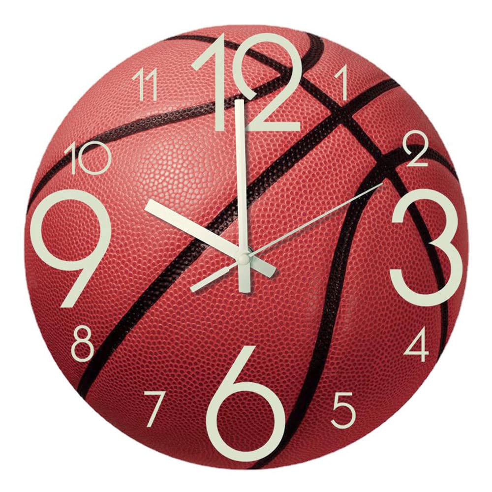 Wall Clock Basketball WallClock 12 Inch Luminous Silent for Bedroom, Living Room, Birthday Chritmas Gifts Present for Kids Son Boys Baby Children NBA Basketball NCAA Fans (Basketball L)