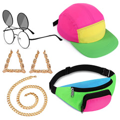 Cindeer 5 Pcs 90s Hip Hop Accessories for Women Men 80s 90s Outfit Neon Fanny Pack Hat Sunglasses Gold Chain Earrings