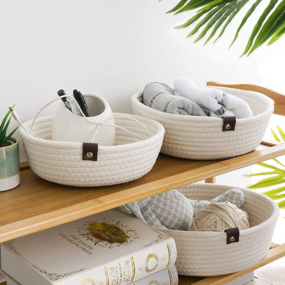 Rope Woven Storage Baskets for Organizing Rope Storage Basket Set of 3 Cotton Rope Storage Durable Nursery Baskets Organizer Bins for Baby Toys, Cotton with Corn Skin Design