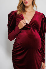 LaClef Womens V Neck Puff Sleeve Velvet Maternity Dress