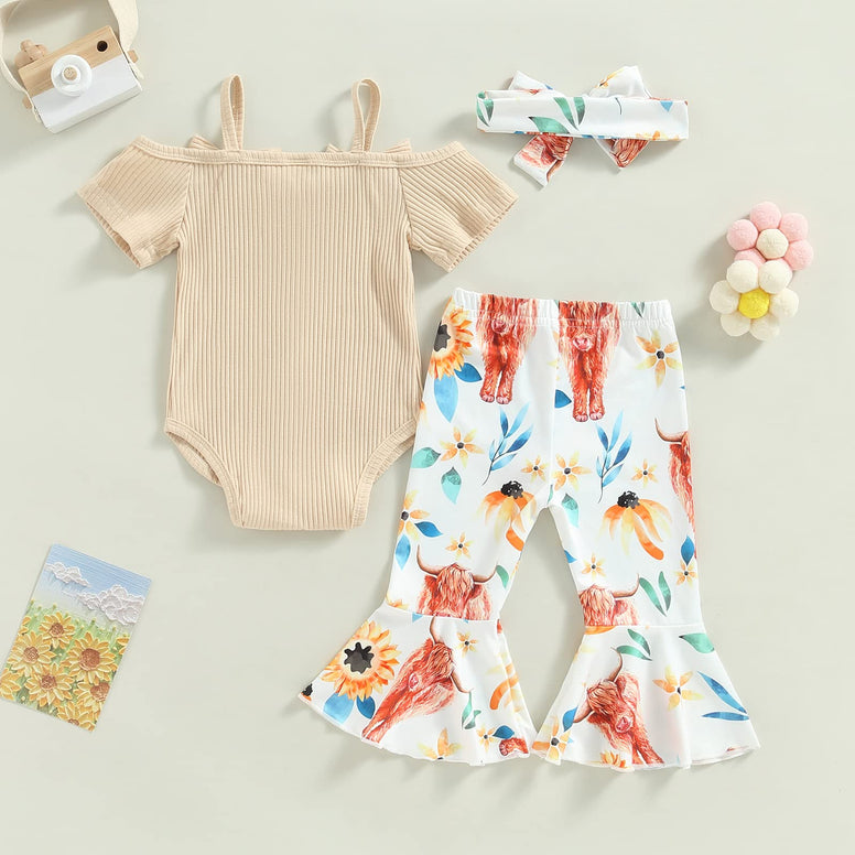 Newborn Infant Baby Girl 3Pcs Summer Outfit Short Sleeve Button Down Romper Flared Pants Headband Clothes Set 0-3 Months