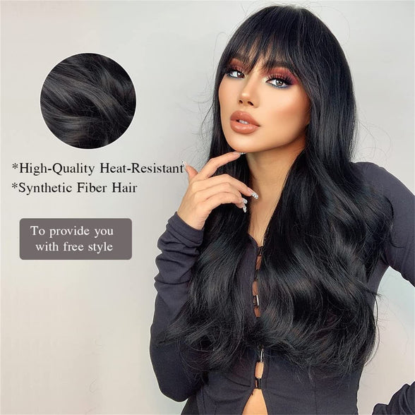 Arabest Long Wave Wigs with Bangs, Natural Curly Wavy Hair Black Color Synthetic Wigs with Neat Bangs, Can Modify Heat Resistant Weave Wigs, Women Wigs for Daily Party Cosplay