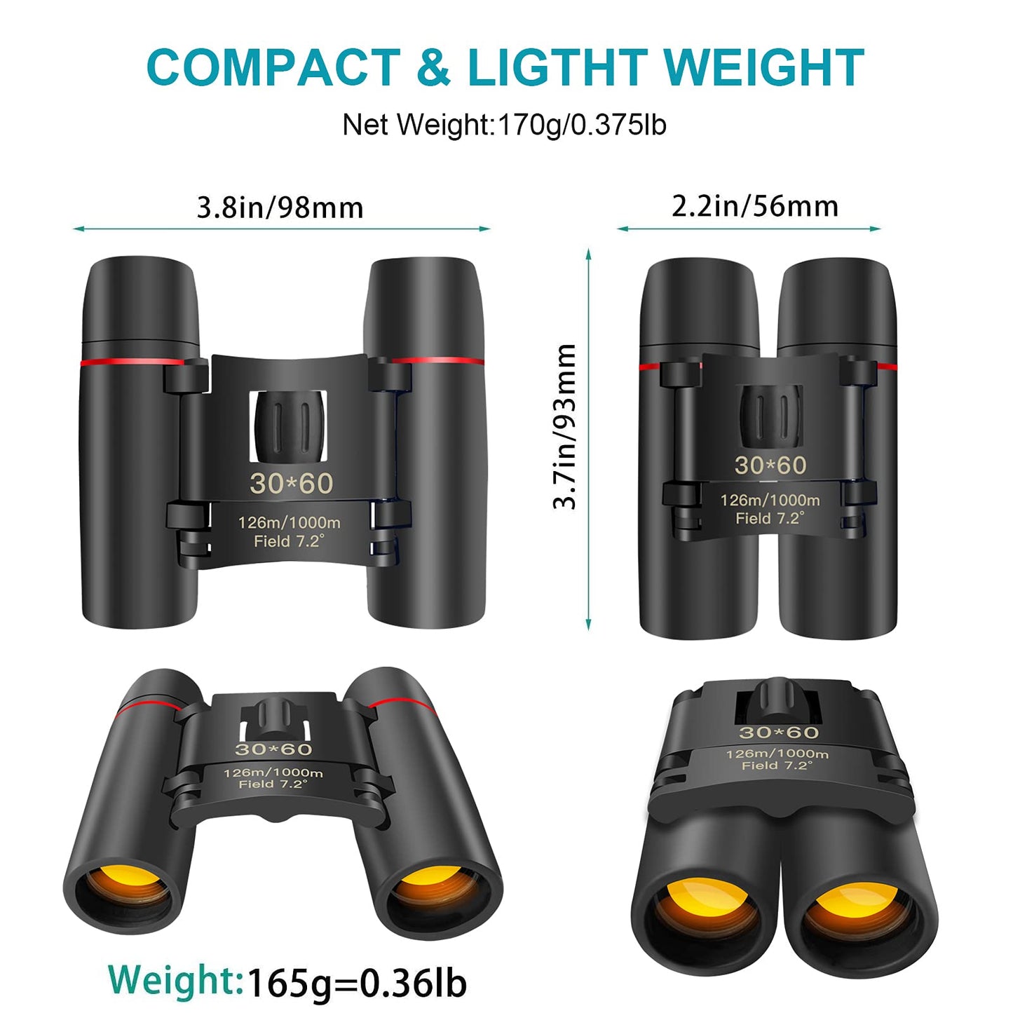 XVZ Compact, Portable Pocket Foldable Binoculars for Waterproof Bird Watching, Mountaineering, Black
